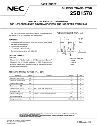 NEC 2sb1578  . Electronic Components Datasheets Active components Transistors NEC 2sb1578.pdf