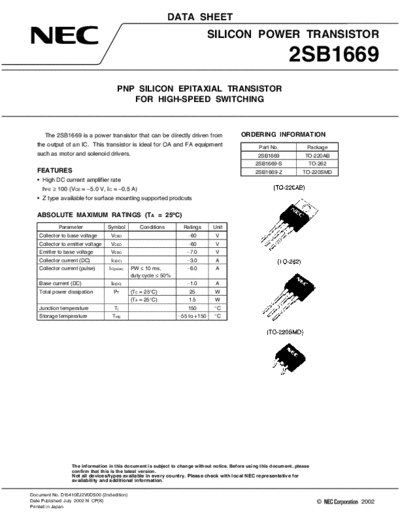 NEC 2sb1669  . Electronic Components Datasheets Active components Transistors NEC 2sb1669.pdf