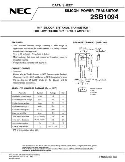 NEC 2sb1094  . Electronic Components Datasheets Active components Transistors NEC 2sb1094.pdf