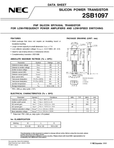 NEC 2sb1097  . Electronic Components Datasheets Active components Transistors NEC 2sb1097.pdf