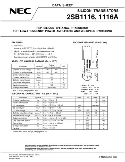 NEC 2sb1116 2sb1116a  . Electronic Components Datasheets Active components Transistors NEC 2sb1116_2sb1116a.pdf
