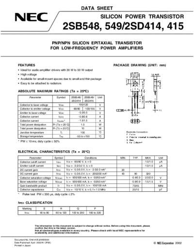 NEC 2sb548 2sb549 2sd414 2sd415  . Electronic Components Datasheets Active components Transistors NEC 2sb548_2sb549_2sd414_2sd415.pdf