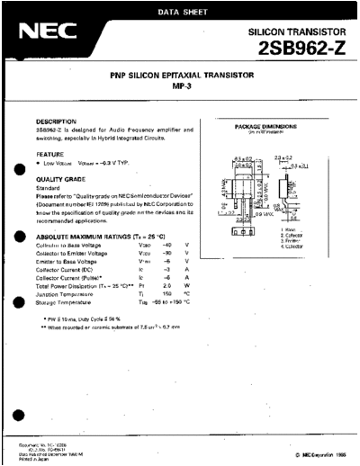 NEC 2sb962  . Electronic Components Datasheets Active components Transistors NEC 2sb962.pdf
