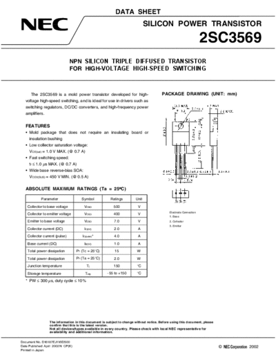 NEC 2sc3569  . Electronic Components Datasheets Active components Transistors NEC 2sc3569.pdf