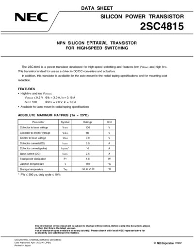 NEC 2sc4815  . Electronic Components Datasheets Active components Transistors NEC 2sc4815.pdf