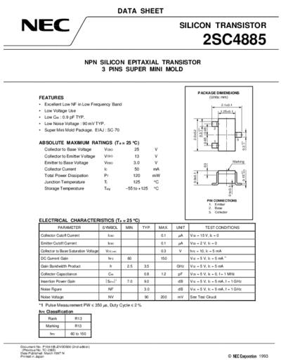 NEC 2sc4885  . Electronic Components Datasheets Active components Transistors NEC 2sc4885.pdf