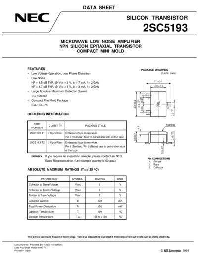 NEC 2sc5193  . Electronic Components Datasheets Active components Transistors NEC 2sc5193.pdf