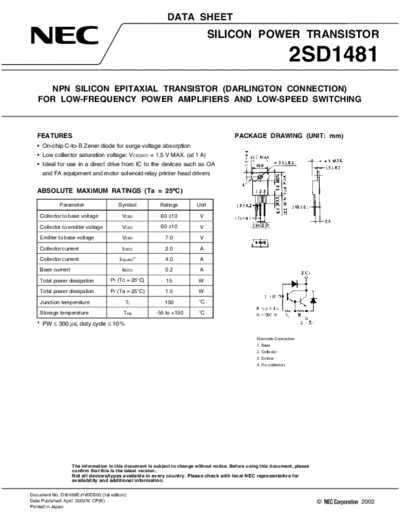 NEC 2sd1481  . Electronic Components Datasheets Active components Transistors NEC 2sd1481.pdf