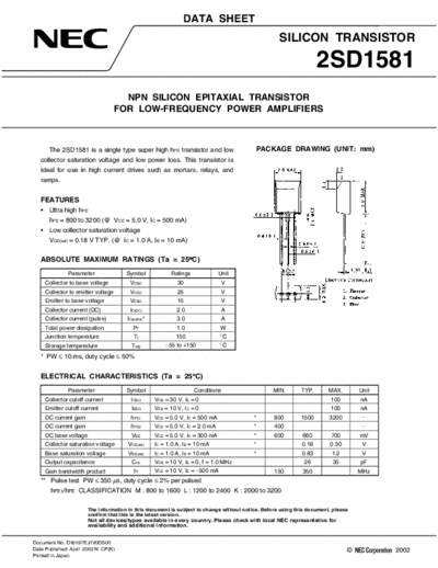 NEC 2sd1581  . Electronic Components Datasheets Active components Transistors NEC 2sd1581.pdf