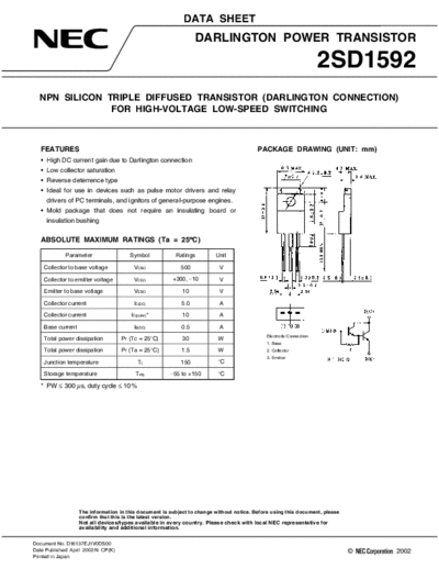 . Electronic Components Datasheets 2sd1592  . Electronic Components Datasheets Active components Transistors NEC 2sd1592.pdf