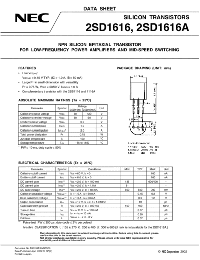 NEC 2sd1616a  . Electronic Components Datasheets Active components Transistors NEC 2sd1616a.pdf