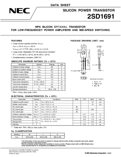 NEC 2sd1691  . Electronic Components Datasheets Active components Transistors NEC 2sd1691.pdf