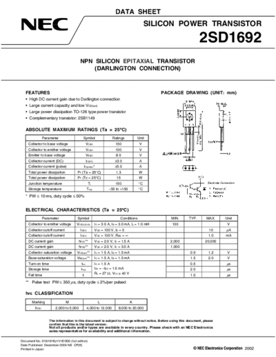 NEC 2sd1692  . Electronic Components Datasheets Active components Transistors NEC 2sd1692.pdf