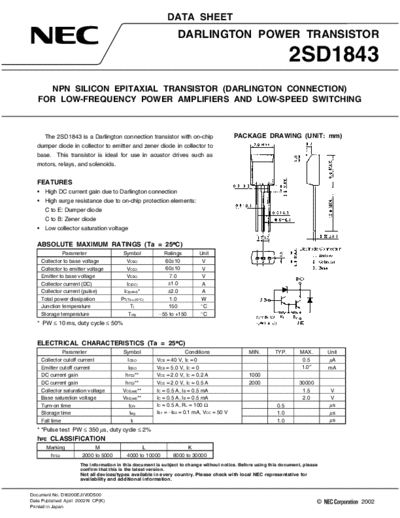 NEC 2sd1843  . Electronic Components Datasheets Active components Transistors NEC 2sd1843.pdf