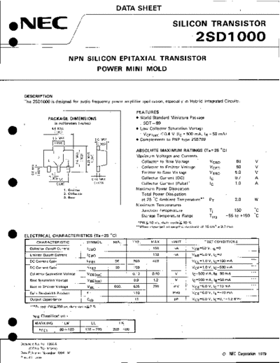 NEC 2sd1000  . Electronic Components Datasheets Active components Transistors NEC 2sd1000.pdf