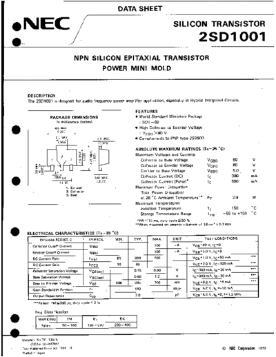 NEC 2sd1001  . Electronic Components Datasheets Active components Transistors NEC 2sd1001.pdf