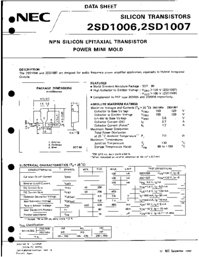 NEC 2sd1006 2sd1007  . Electronic Components Datasheets Active components Transistors NEC 2sd1006_2sd1007.pdf