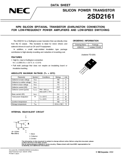 NEC 2sd2161  . Electronic Components Datasheets Active components Transistors NEC 2sd2161.pdf