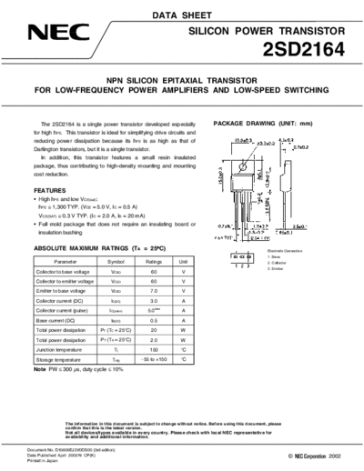 NEC 2sd2164  . Electronic Components Datasheets Active components Transistors NEC 2sd2164.pdf