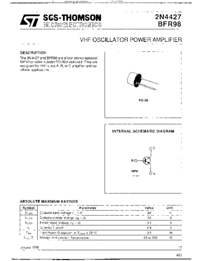 ST 2n4427 bfr98  . Electronic Components Datasheets Active components Transistors ST 2n4427_bfr98.pdf