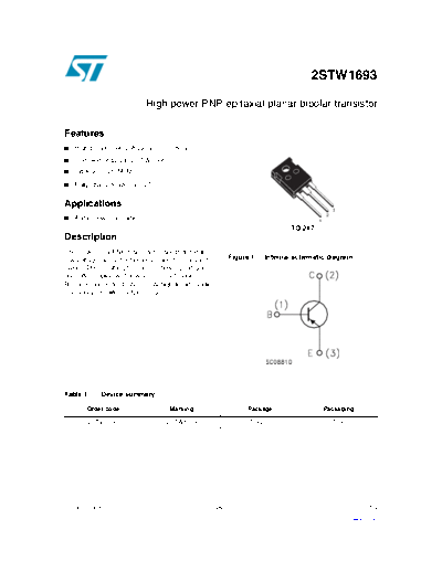 ST 2stw1693  . Electronic Components Datasheets Active components Transistors ST 2stw1693.pdf