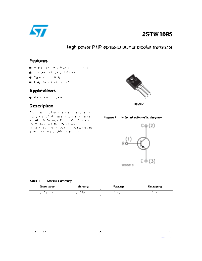 ST 2stw1695  . Electronic Components Datasheets Active components Transistors ST 2stw1695.pdf