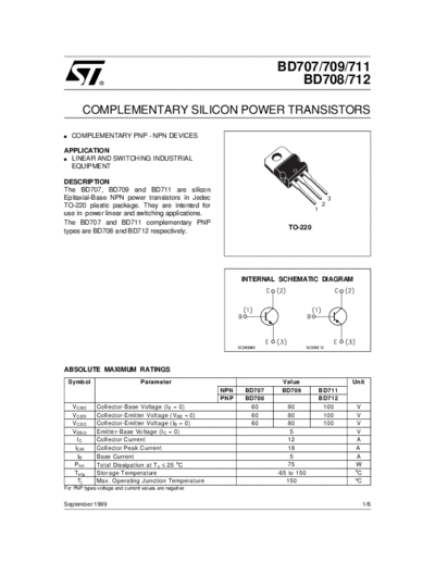 ST bd707 bd708 bd709 bd711 bd712  . Electronic Components Datasheets Active components Transistors ST bd707_bd708_bd709_bd711_bd712.pdf