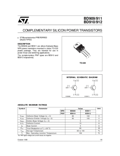 ST bd909 bd910 bd911 bd912  . Electronic Components Datasheets Active components Transistors ST bd909_bd910_bd911_bd912.pdf
