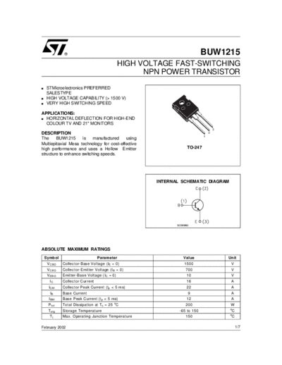 ST buw1215  . Electronic Components Datasheets Active components Transistors ST buw1215.pdf