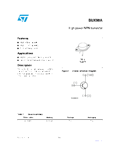 ST bux98a  . Electronic Components Datasheets Active components Transistors ST bux98a.pdf