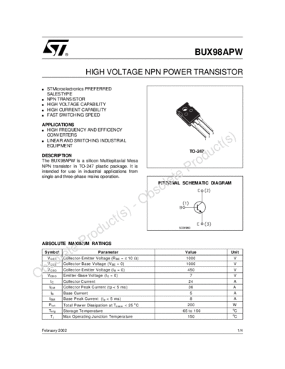 ST bux98apw  . Electronic Components Datasheets Active components Transistors ST bux98apw.pdf