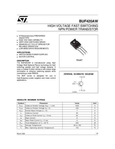 ST buf420aw  . Electronic Components Datasheets Active components Transistors ST buf420aw.pdf