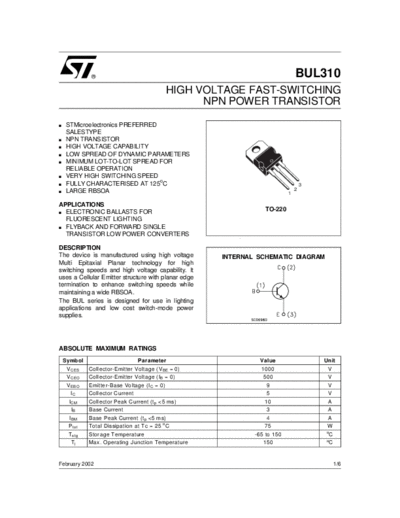 ST bul310  . Electronic Components Datasheets Active components Transistors ST bul310.pdf