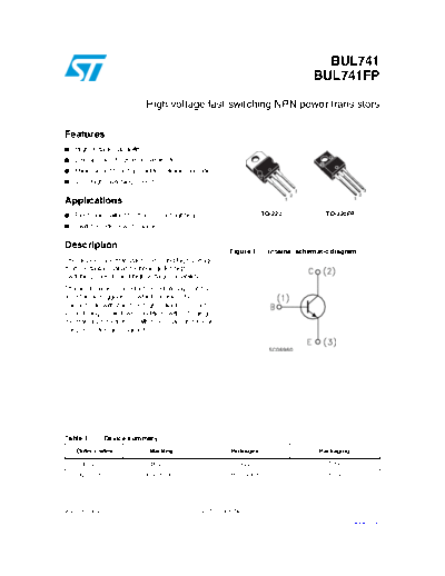 ST bul741 bul741fp  . Electronic Components Datasheets Active components Transistors ST bul741_bul741fp.pdf
