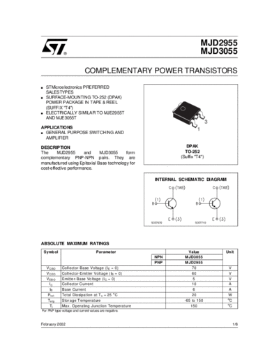 ST mjd2955 mjd3055  . Electronic Components Datasheets Active components Transistors ST mjd2955_mjd3055.pdf