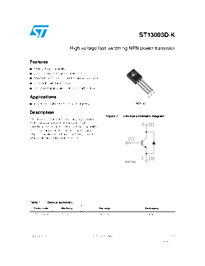 ST st13003d-k  . Electronic Components Datasheets Active components Transistors ST st13003d-k.pdf