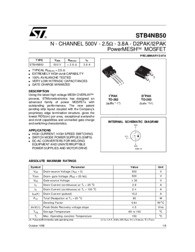 ST stb4nb50  . Electronic Components Datasheets Active components Transistors ST stb4nb50.pdf