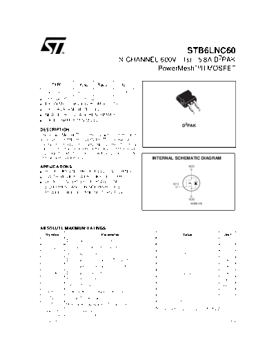 ST stb6lnc60  . Electronic Components Datasheets Active components Transistors ST stb6lnc60.pdf