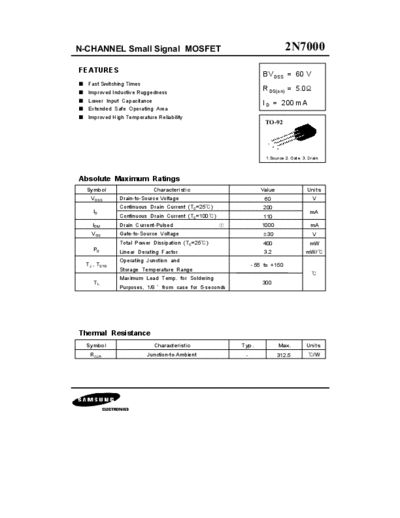 Samsung 2n7000  . Electronic Components Datasheets Active components Transistors Samsung 2n7000.pdf