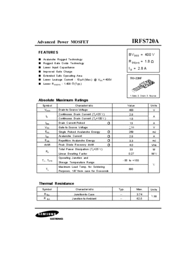 Samsung irfs720a  . Electronic Components Datasheets Active components Transistors Samsung irfs720a.pdf