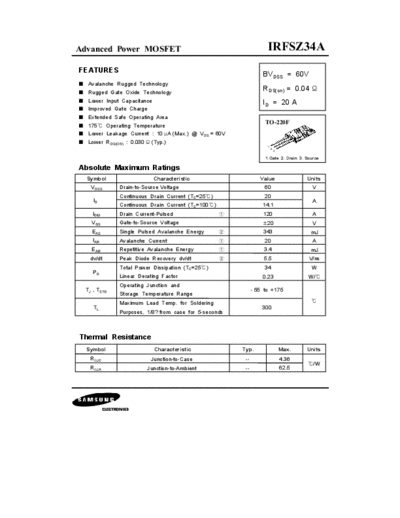 Samsung irfsz34a  . Electronic Components Datasheets Active components Transistors Samsung irfsz34a.pdf