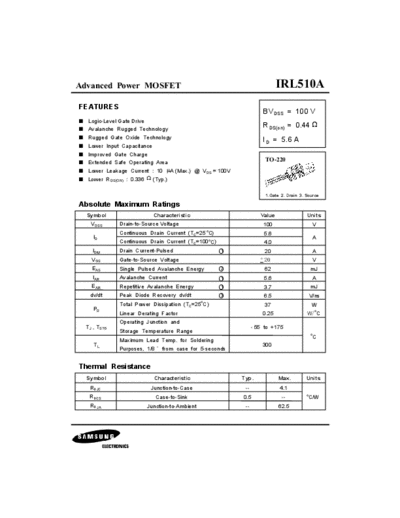 Samsung irl510a  . Electronic Components Datasheets Active components Transistors Samsung irl510a.pdf