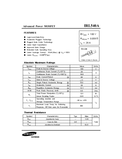 Samsung irl540a  . Electronic Components Datasheets Active components Transistors Samsung irl540a.pdf