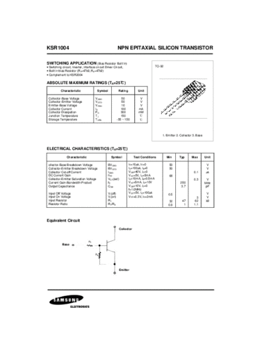 Samsung ksr1004  . Electronic Components Datasheets Active components Transistors Samsung ksr1004.pdf
