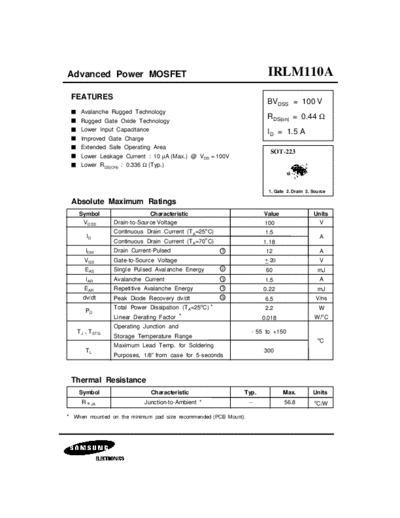Samsung irlm110a  . Electronic Components Datasheets Active components Transistors Samsung irlm110a.pdf