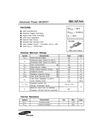 Samsung irlsz34a  . Electronic Components Datasheets Active components Transistors Samsung irlsz34a.pdf