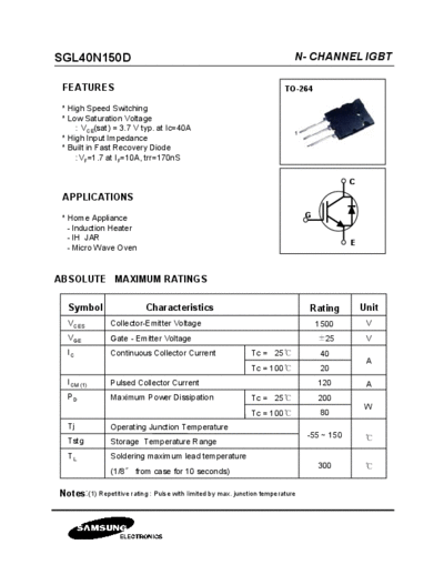 Samsung sgl40n150d  . Electronic Components Datasheets Active components Transistors Samsung sgl40n150d.pdf
