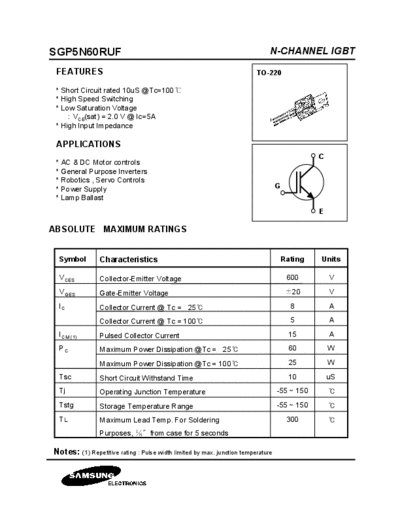 Samsung sgp5n60ruf  . Electronic Components Datasheets Active components Transistors Samsung sgp5n60ruf.pdf