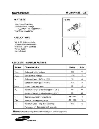 Samsung sgp13n60uf  . Electronic Components Datasheets Active components Transistors Samsung sgp13n60uf.pdf