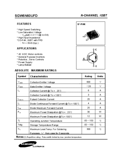 . Electronic Components Datasheets sgw6n60ufd  . Electronic Components Datasheets Active components Transistors Samsung sgw6n60ufd.pdf